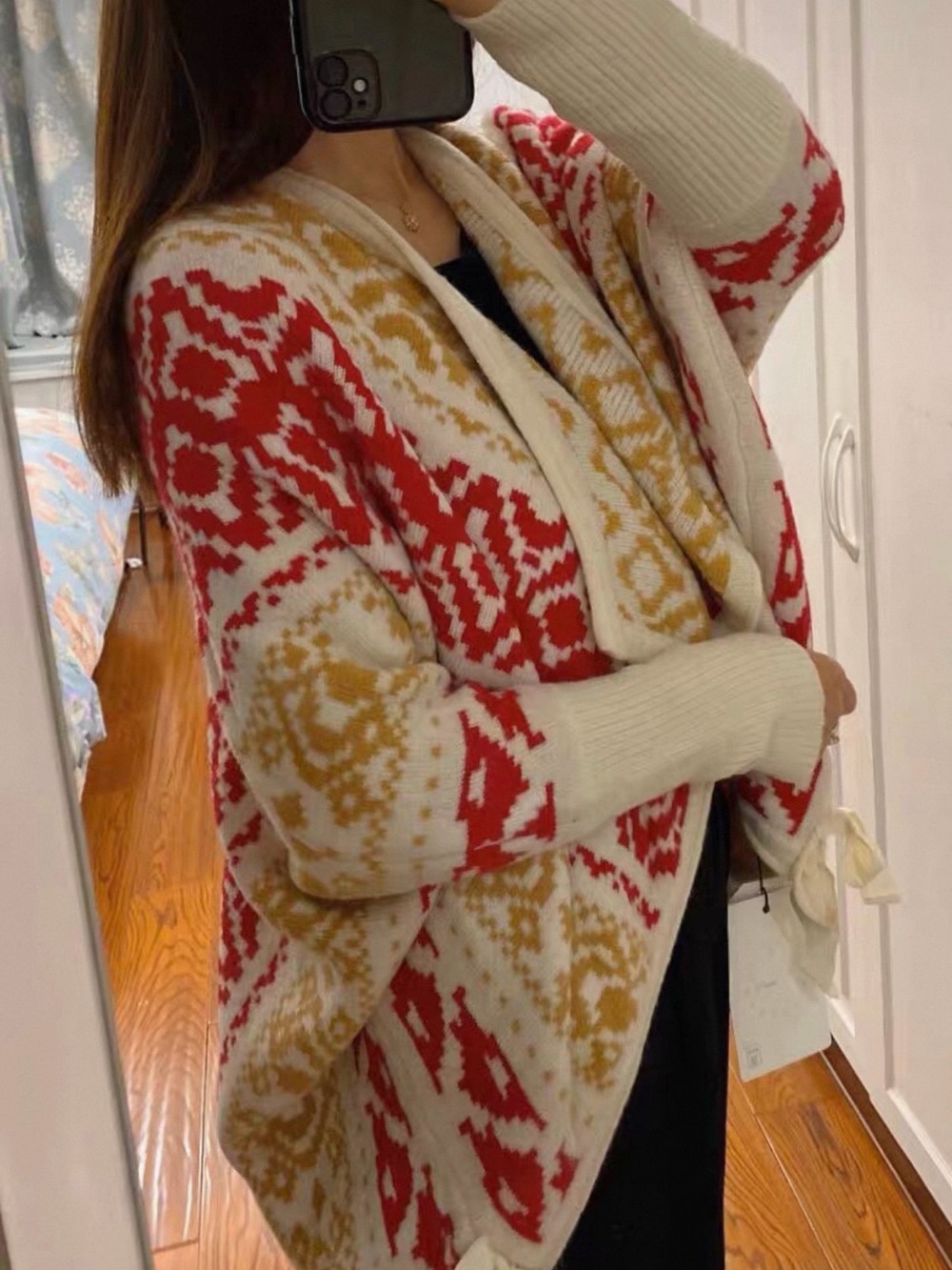 Cream Open-Front Cardigan with Red & Gold Pattern